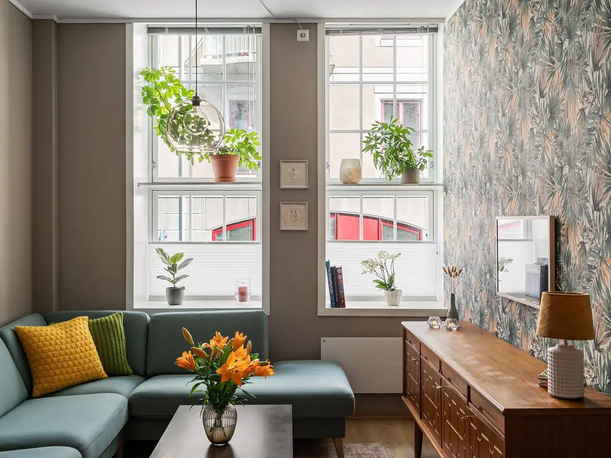 Living room with a blue sofa, plants on the windowsill and daylight through the window